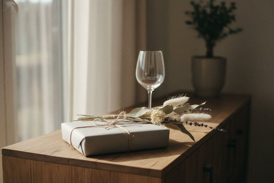 Innpakket gave ved siden av tørkede blomster på en skjenk