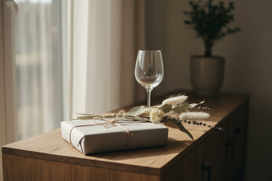 Innpakket gave ved siden av tørkede blomster på en skjenk