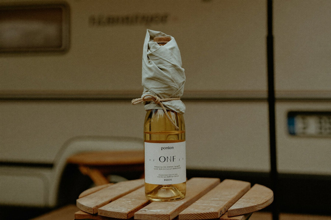 Vinflaske pakket inn i et klede på et campingbord